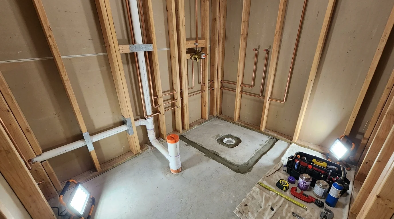 Bathroom rough-in plumbing during remodel by Johns Plumbing LLC in West Salem