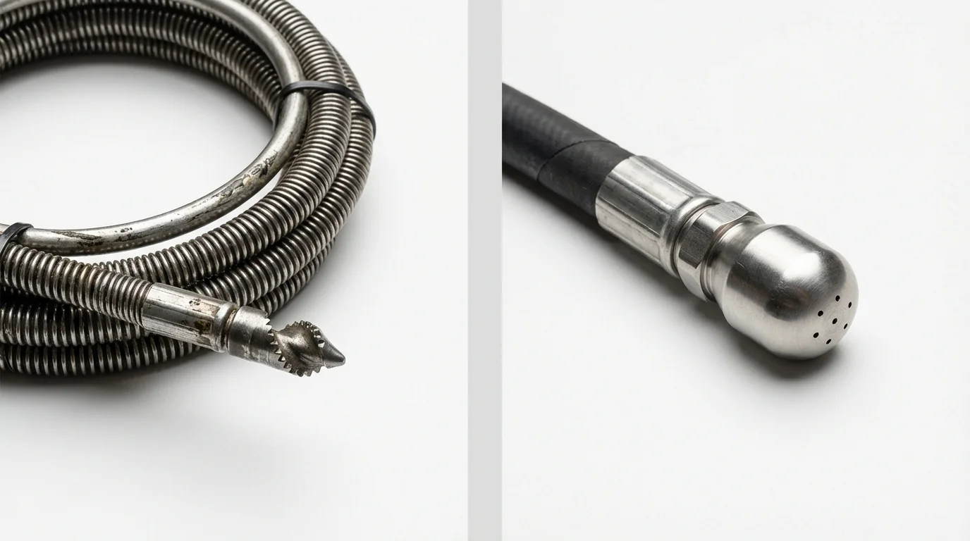 Drain snake cable and hydro jetting nozzle used for drain cleaning in West Salem, OH