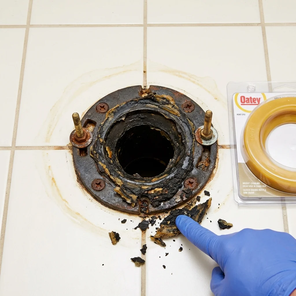 Failed wax ring showing water seepage at the base of a toilet in a West Salem, OH home