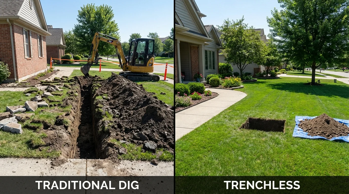Trenchless sewer repair with minimal yard damage versus traditional excavation in West Salem, OH
