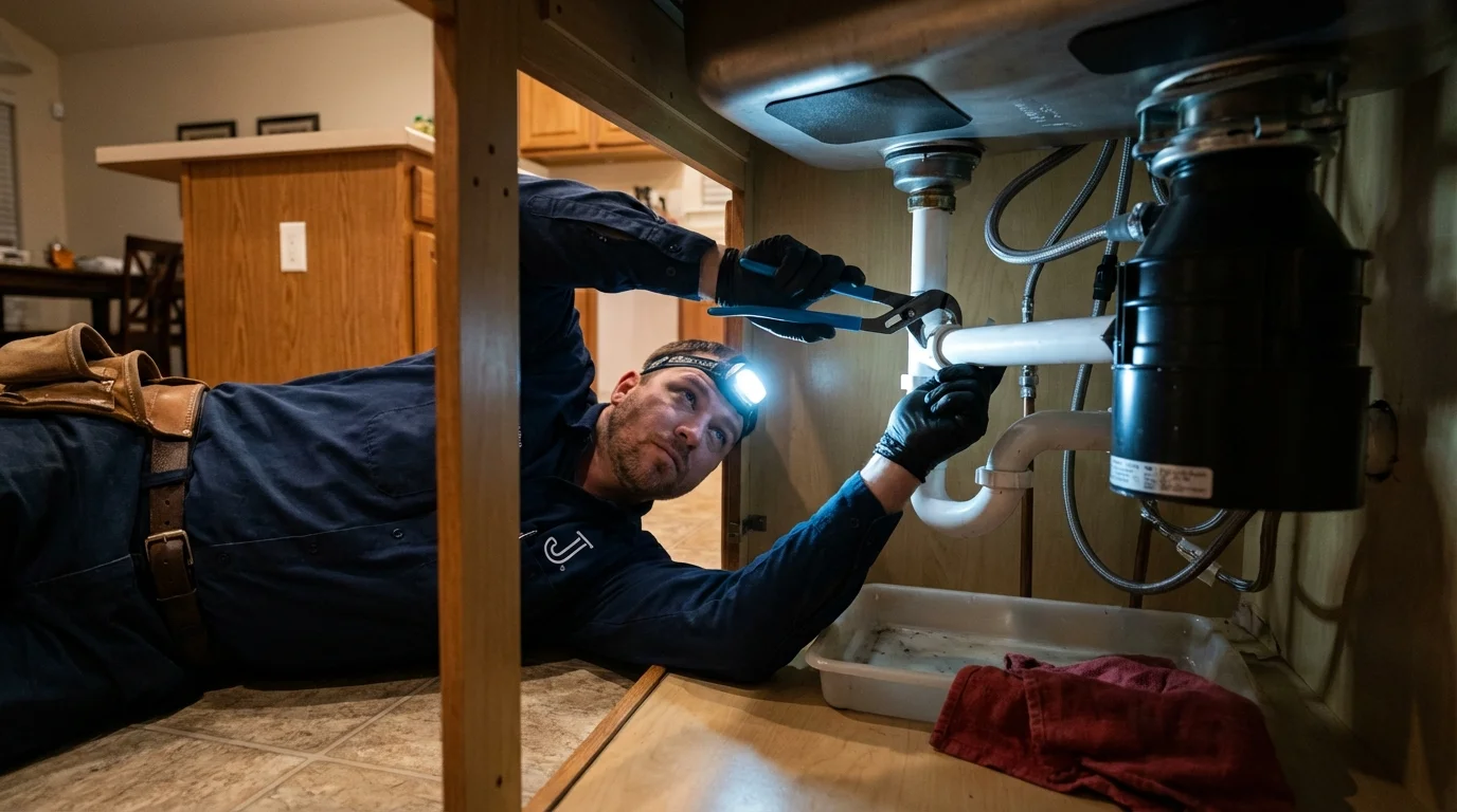 P-trap and supply line connections under a kitchen sink showing a common leak point in West Salem, OH